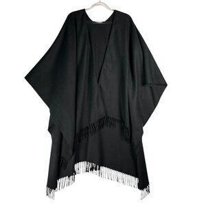 Women's Lay Over Shawl With Fringe  Poncho One Size Black Made In France